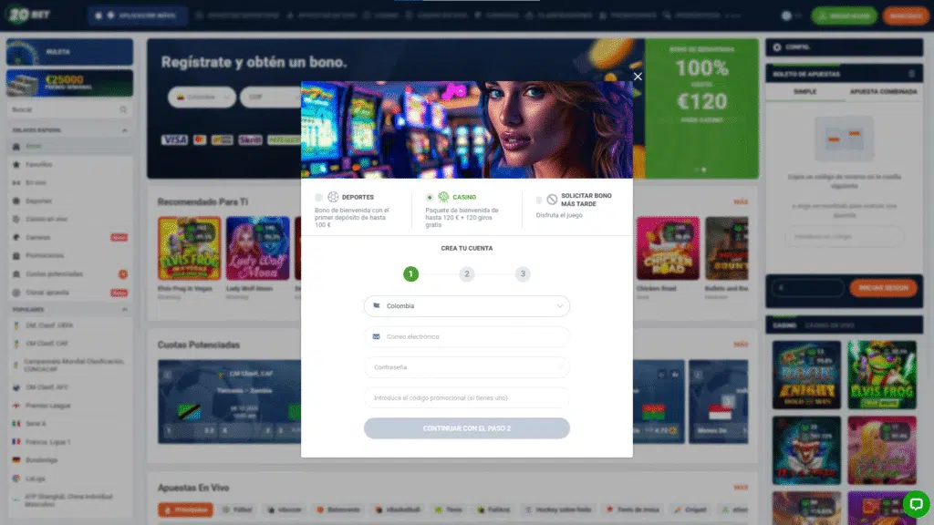 Guía paso a paso para registrarse en 20Bet Colombia