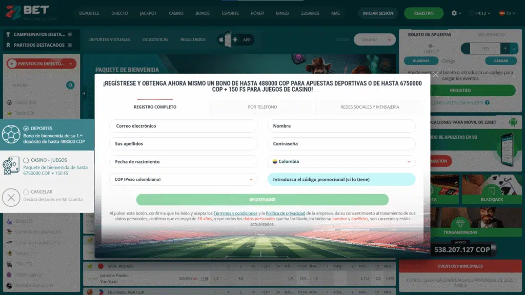 Guรญa paso a paso para registrarse en 22Bet Colombia