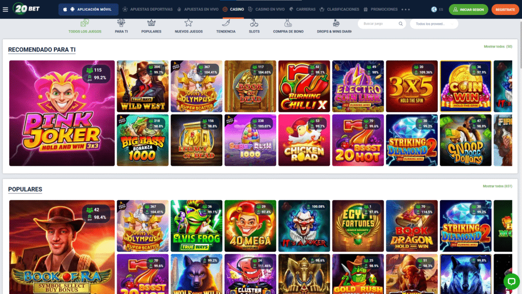 Tragamonedas y juegos disponibles en 20Bet Colombia